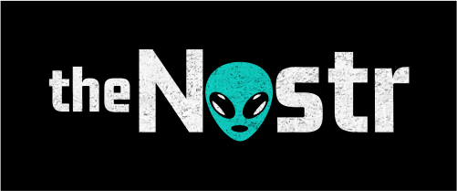 alien nostr logo, background black, letters white, textured